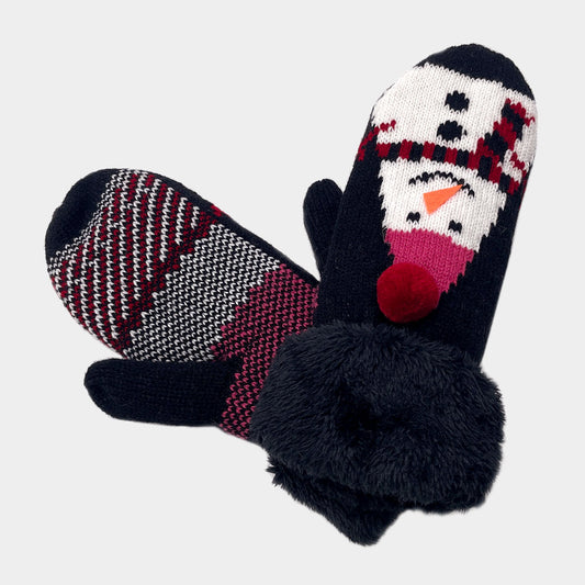Christmas Snowman Printed Faux Fur Mitten Gloves